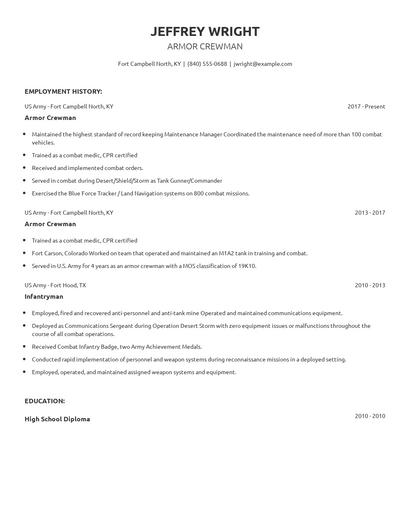 Armor Crewman Resume