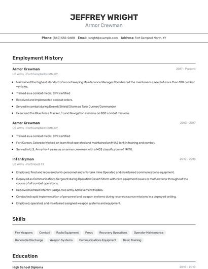Armor Crewman Resume
