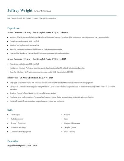 Armor Crewman Resume
