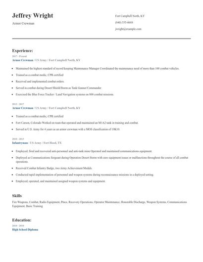 Armor Crewman Resume