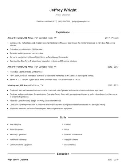 Armor Crewman Resume