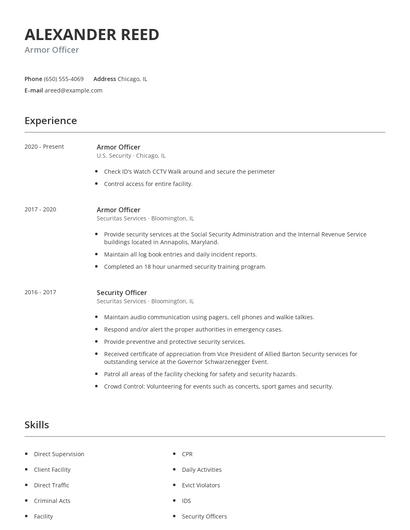 Armor Officer Resume