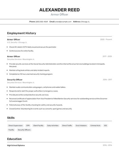 Armor Officer Resume