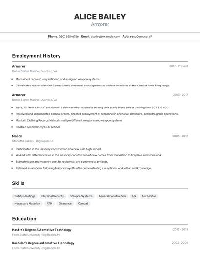Armorer Resume