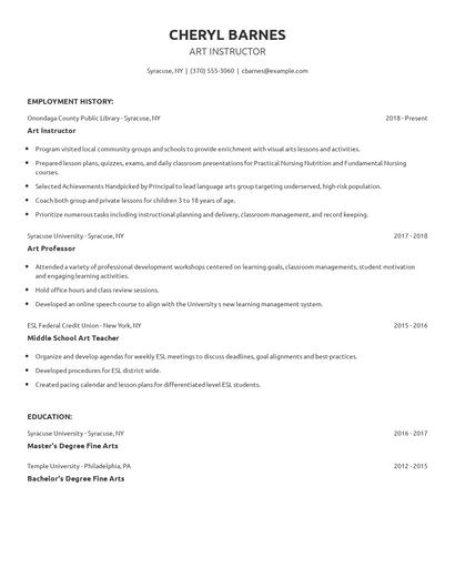 Art Instructor Resume