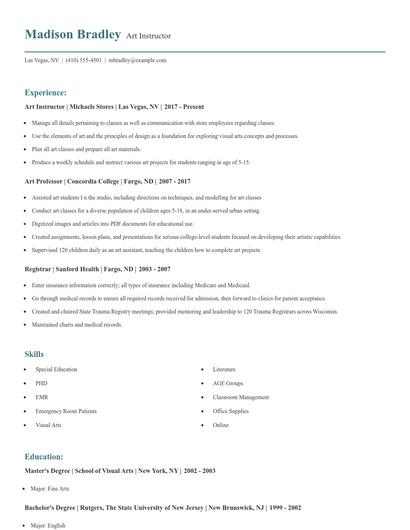 Art Instructor Resume