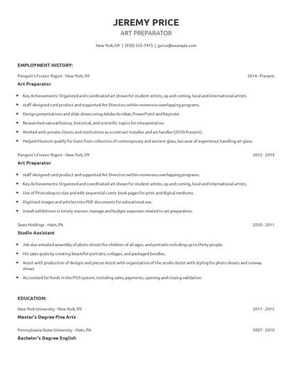 Art Preparator Resume