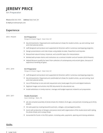 Art Preparator Resume
