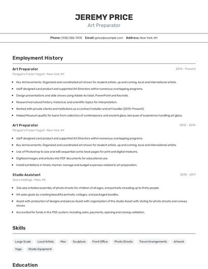 Art Preparator Resume
