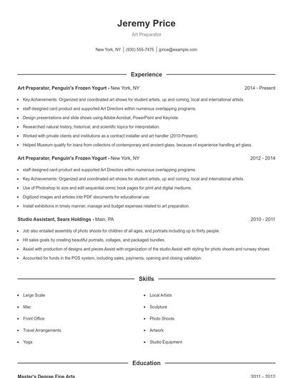 Art Preparator Resume