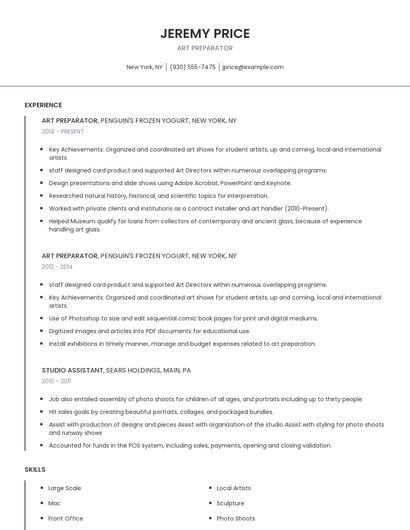 Art Preparator Resume