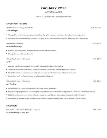 Arts Manager Resume