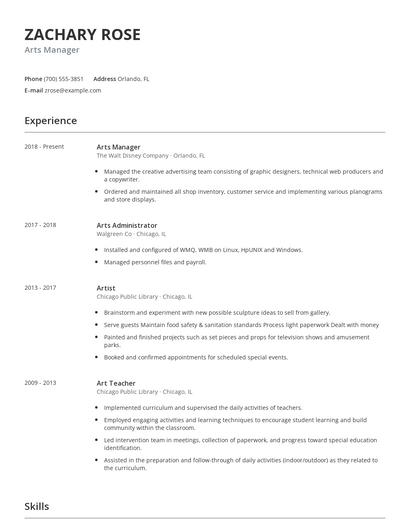 Arts Manager Resume