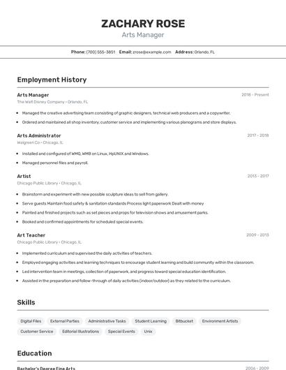 Arts Manager Resume