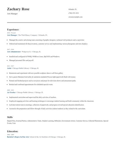 Arts Manager Resume