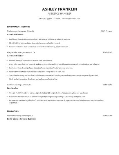 Asbestos Handler Resume