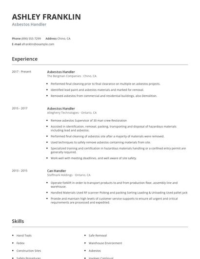 Asbestos Handler Resume