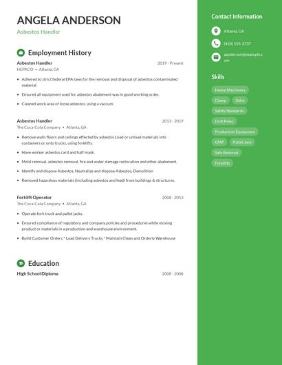 Asbestos Handler Resume