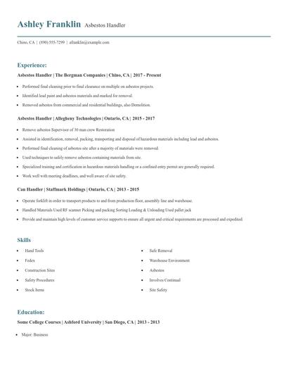 Asbestos Handler Resume