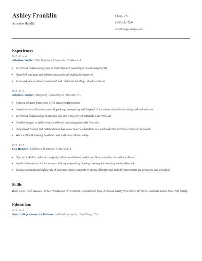 Asbestos Handler Resume