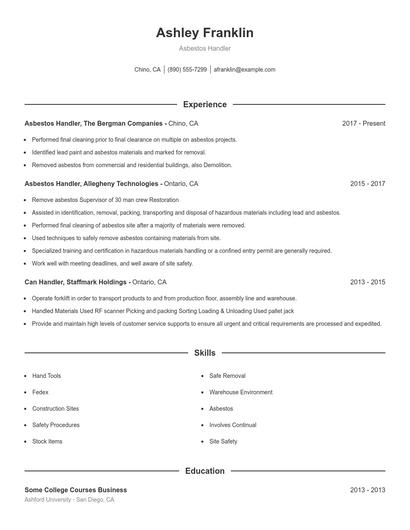 Asbestos Handler Resume