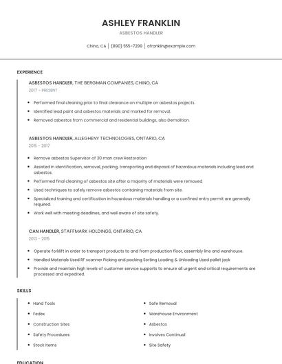 Asbestos Handler Resume