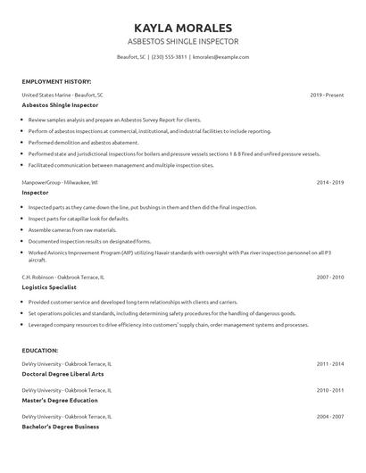 Asbestos Shingle Inspector Resume
