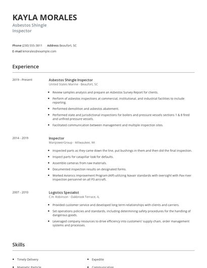 Asbestos Shingle Inspector Resume