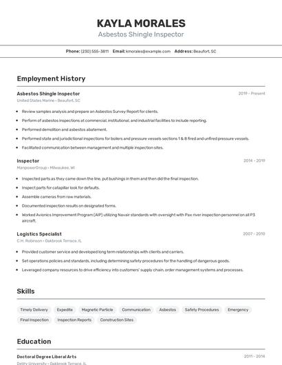 Asbestos Shingle Inspector Resume
