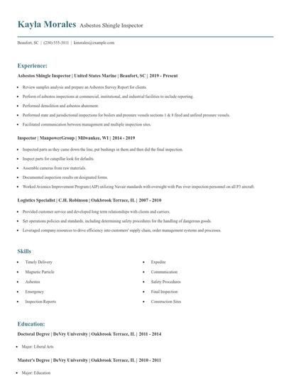 Asbestos Shingle Inspector Resume