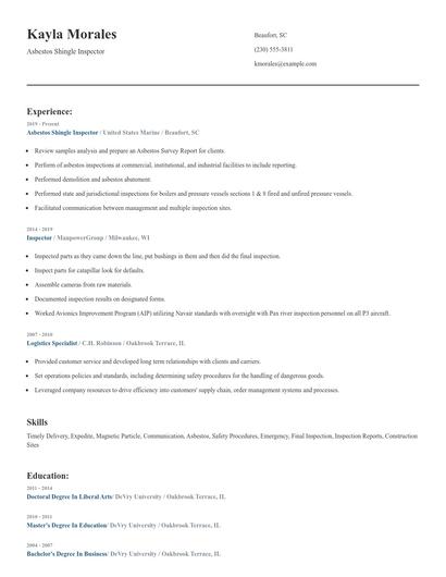 Asbestos Shingle Inspector Resume