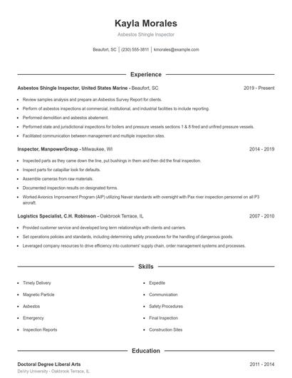 Asbestos Shingle Inspector Resume