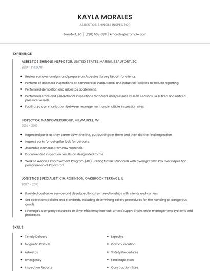 Asbestos Shingle Inspector Resume