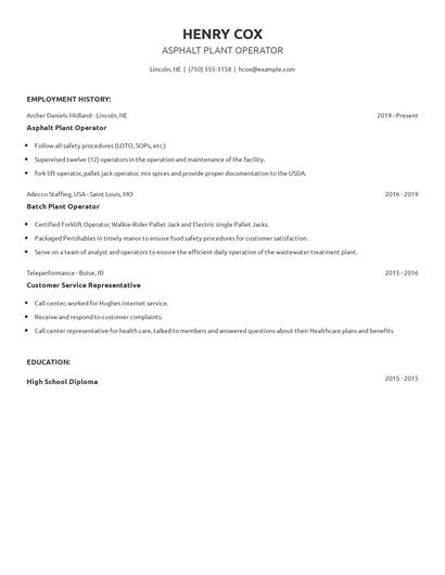 Asphalt Plant Operator Resume
