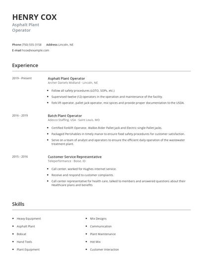 Asphalt Plant Operator Resume