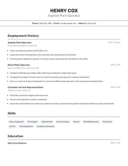 Asphalt Plant Operator Resume