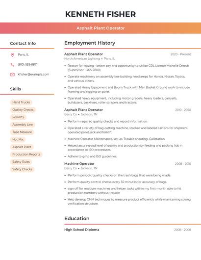 Asphalt Plant Operator Resume