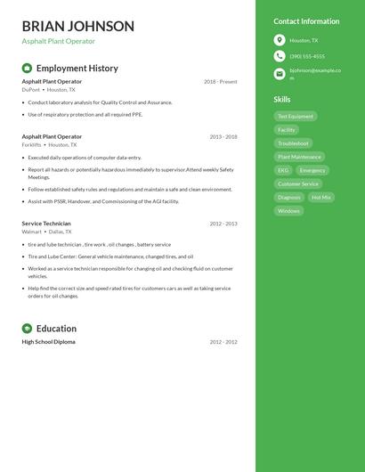 Asphalt Plant Operator Resume