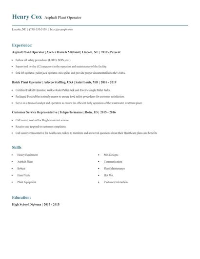 Asphalt Plant Operator Resume