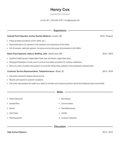 Asphalt Plant Operator Resume