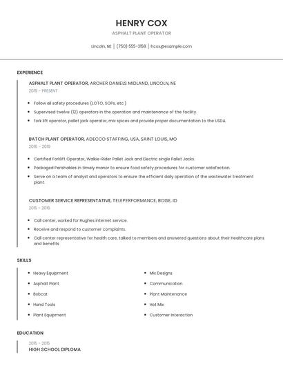 Asphalt Plant Operator Resume