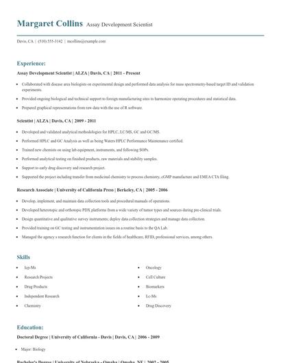 Assay Development Scientist Resume