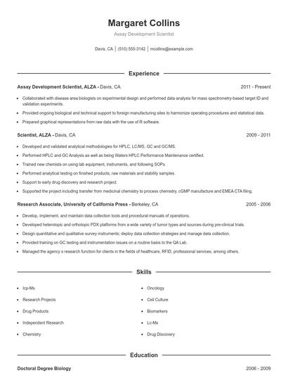 Assay Development Scientist Resume