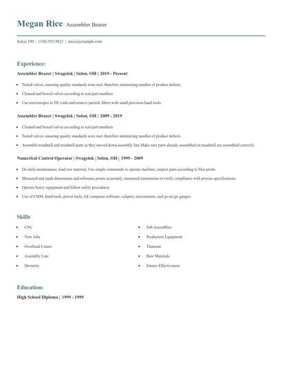 Assembler Brazer Resume