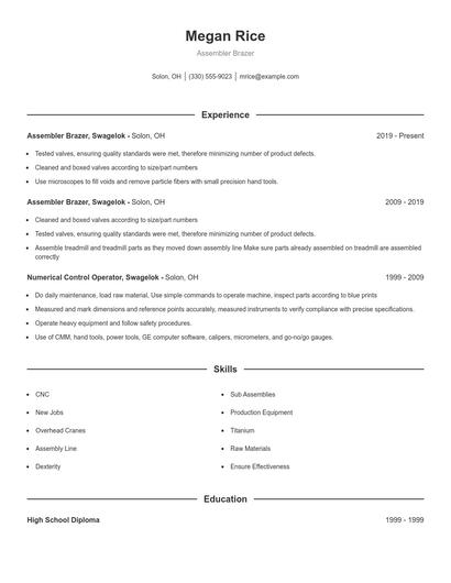 Assembler Brazer Resume