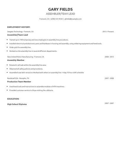 Assembler/Team Lead Resume