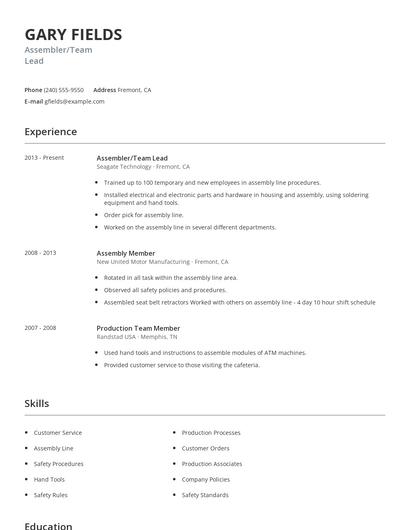 Assembler/Team Lead Resume