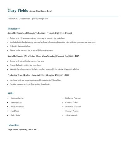 Assembler/Team Lead Resume