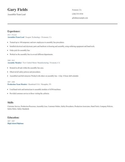 Assembler/Team Lead Resume