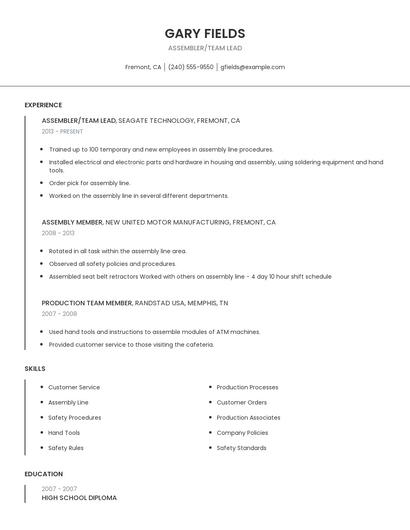 Assembler/Team Lead Resume